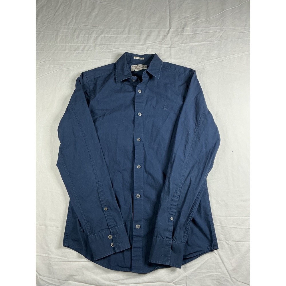 Original Penguin Men's Rogue Skinny Fit Navy Blue Button Down Shirt Size Small